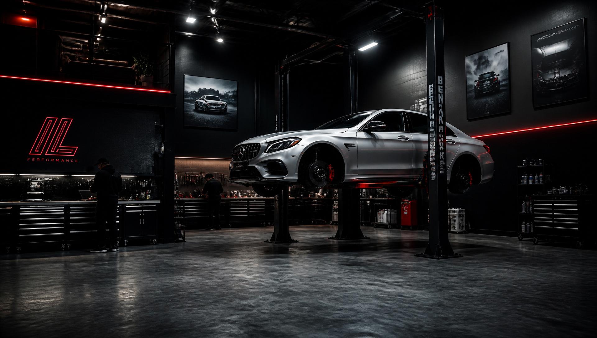 Modern car service workshop with a car on a lift